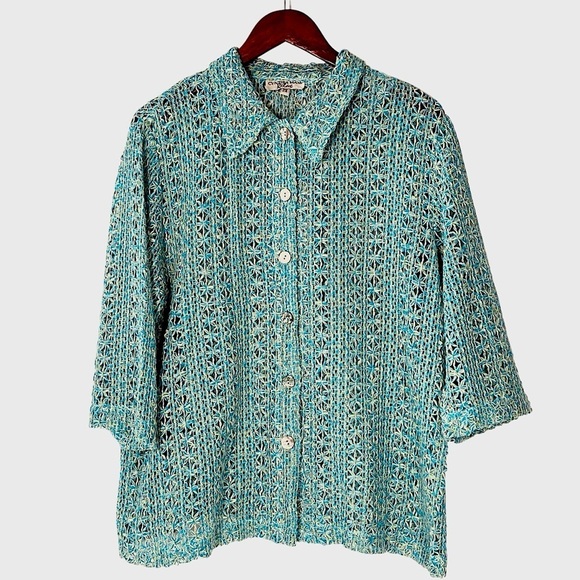CYNTHIA MAX RELAX 3/4 Sleeve Button Front Blue Yellow Green Knit Cardigan Sz 2X - Picture 8 of 16